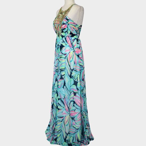 LILLY PULITZER Lannette High Tide Dancing Lady Maxi Halter Dress Size 10 - Picture 3 of 11